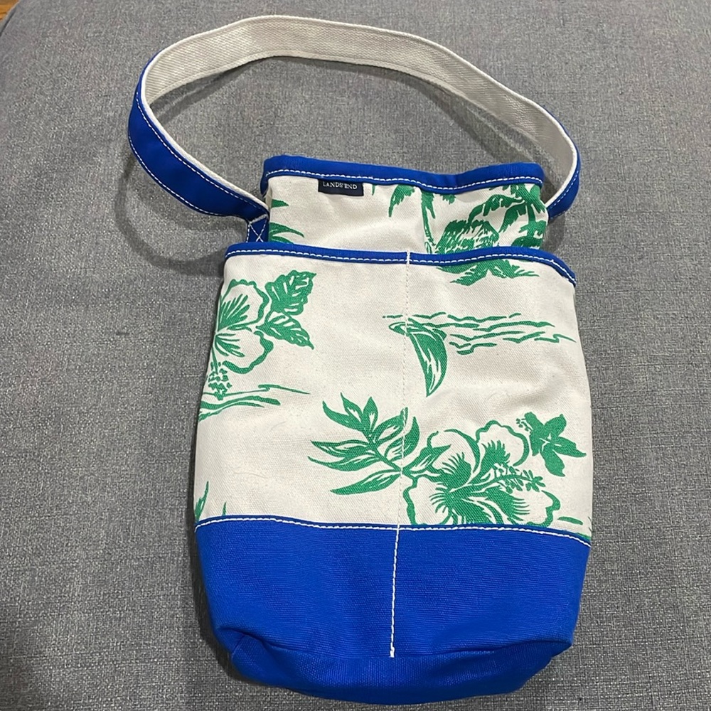 Lands End Beige Green Blue Tropical 2 wine Bottle Holder Bag